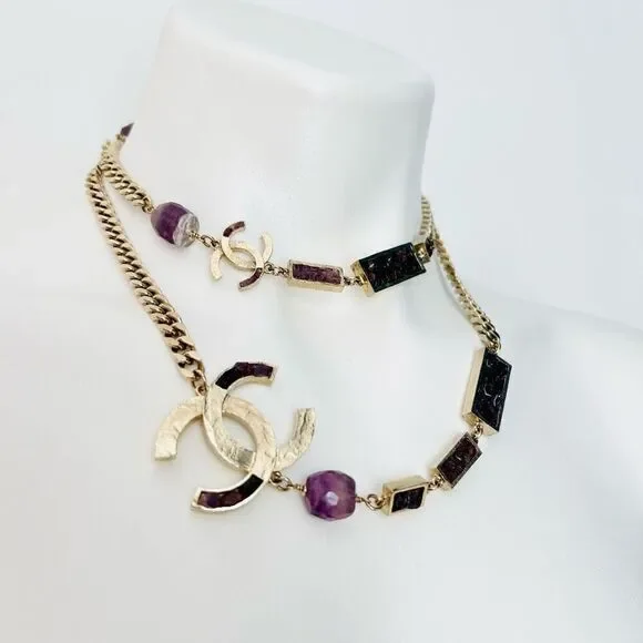 Chanel Y2K Gold Metal and Amethyst Curb Link Necklace Authentic - Picture 3 of 16